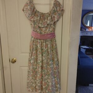 Off-Shoulder Tea Length Floral Dress with Pink Sash